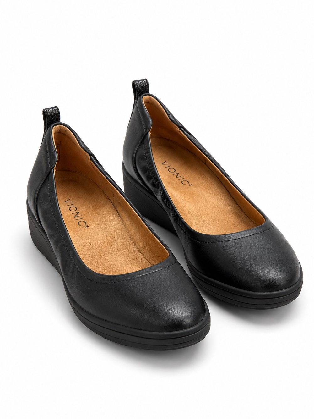 Vionic Jacey Black Leather Wedge Ballet Flats Orthotic Shoes Size 7